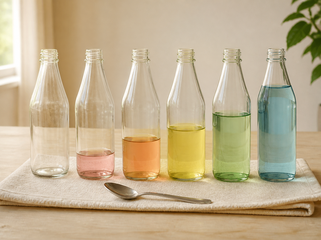 Six bottles with different water levels, ready to play as a homemade xylophone