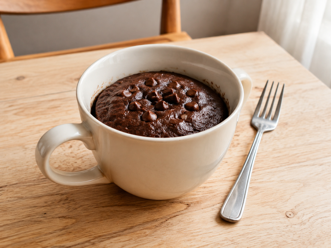 A homemade chocolate brownie in a mug